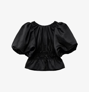 Black blouse featuring puffed short sleeves, gathered neckline, and elastic waistband. Made of soft, slightly textured fabric.