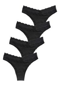 Mustad pitsiga ääristatud tegaalased trikood stakis. Kangas on sile ja vöökohal on peen laineline serv, mis lisab detaili.