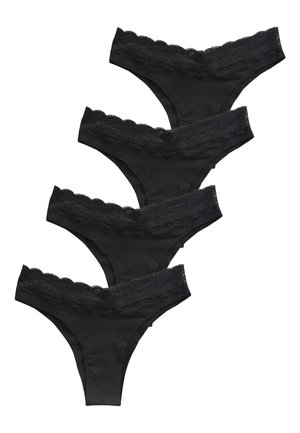 Sorte trusser med blondetrim, fremvist i en stak. Stoffet er glat med en delikat bølget kant langs taljen for ekstra detaljer.