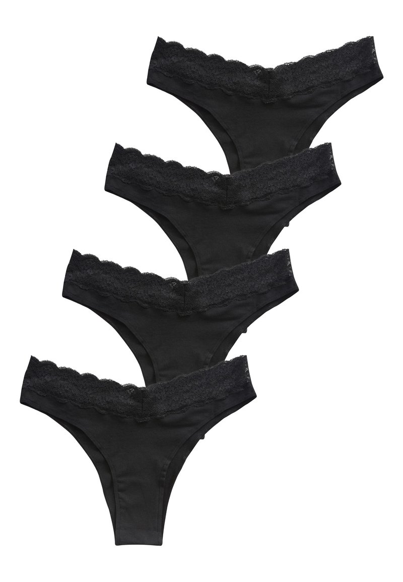 Mustad pitsiga ääristatud tegaalased trikood stakis. Kangas on sile ja vöökohal on peen laineline serv, mis lisab detaili.