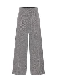 Bredbenede bukser i et hundetandsmønster, grå og sorte farver, med en glat tekstur og en høj talje.