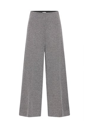 Pantalon à jambes larges avec un motif pied-de-poule, couleurs gris et noir, texture lisse et taille haute.