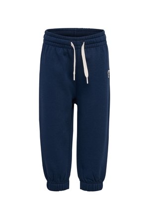 Navy blue sweatpants in soft fabric, featuring an elastic waistband, drawstrings, and gathered cuffs at the ankles. Logo on the side.