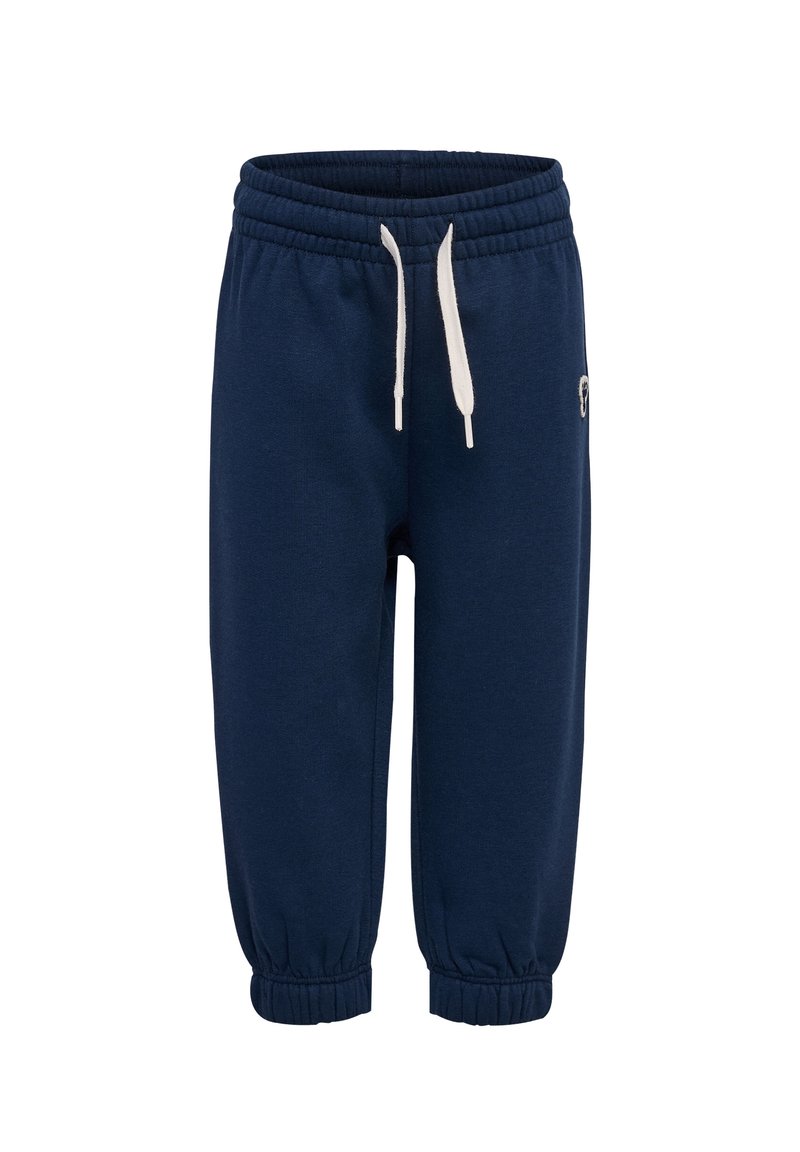 Marinblå sweatpants i mjukt tyg, med elastisk midja, snörning och samlade muddar vid anklarna. Logotyp på sidan.