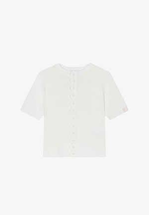 Cárdigan blanco de manga corta, tejido de punto, con tapeta de botones con borde festoneado, cuello redondo y una pequeña etiqueta de marca en la manga.