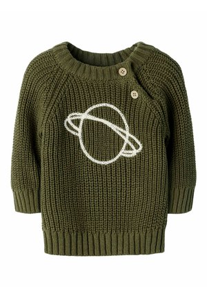 Pull bébé tricoté vert avec motif de planète blanche brodée et deux boutons marron près de l'encolure.