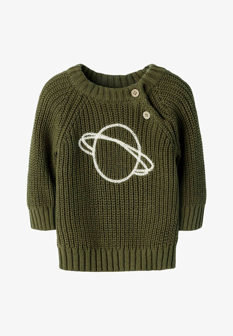 Pull bébé tricoté vert avec motif de planète blanche brodée et deux boutons marron près de l'encolure.