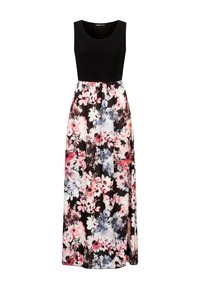 Robe maxi avec un haut sans manches noir uni et une jupe à motifs floraux en rose, blanc et bleu sur fond noir. Tissu léger.