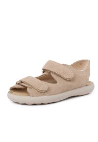 Beige suede sandal with dual Velcro straps, cutouts on the sides, and a flexible rubber sole. Minimalist design, comfortable fit.