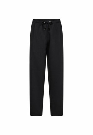 Pantalon de survêtement noir décontracté avec taille élastique et cordon de serrage, coupe droite et poches latérales.