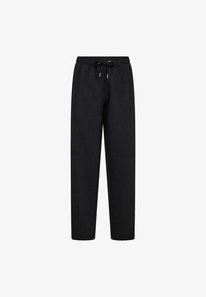 Pantaloni sport negri, casual, cu talie elastică și șnur, croială dreptă și buzunare laterale.