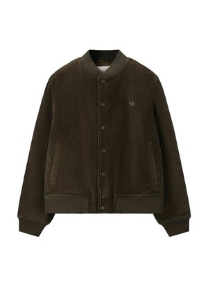 Veste bomber en velours côtelé marron foncé avec boutons-pression, col, poignets et ourlet côtelés, et deux poches latérales, présentée sur fond blanc.