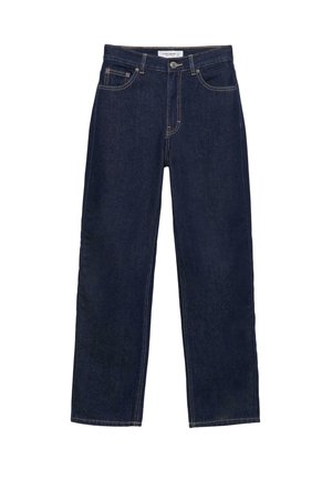 Donkerblauwe denim jeans met rechte pijpen, voorste knoop- en ritssluiting, en klassieke vijfzakkenstijl.