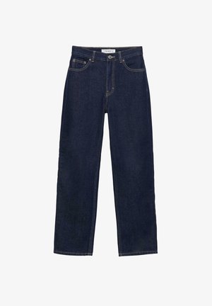 Donkerblauwe denim jeans met rechte pijpen, voorste knoop- en ritssluiting, en klassieke vijfzakkenstijl.