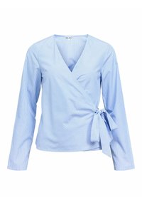 Top avvolgente azzurro chiaro con righe bianche, maniche lunghe e dettaglio a fiocco in vita. Tessuto morbido e fresco con scollatura a V.