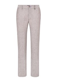 Light gray trousers made of a textured fabric. Features a straight-leg design, zip fly, and a single button closure.
