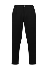 Svarte bukser laget av teksturert stoff, med knappelukking, beltehemper og en smal passform med diskrete vertikale striper.