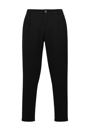 Mustad püksid tekstuurse kangaga, millel on nööpkinnitus, vööaugu detailid ja kitsas lõige peente vertikaalsete triipudega.