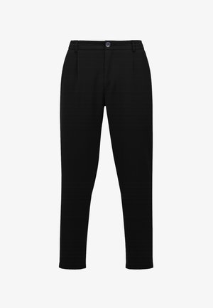 Mustad püksid tekstuurse kangaga, millel on nööpkinnitus, vööaugu detailid ja kitsas lõige peente vertikaalsete triipudega.