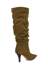 Brown suede knee-high boots with a slouchy design, pointed toe, and a high black heel. The upper section is gathered for a relaxed fit.