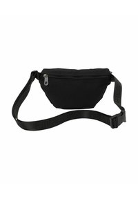 Borsa in tessuto nera a vita con chiusura zip, forma curvata e tracolla regolabile con motivo logo in nero.