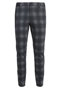 Gray plaid trousers featuring a structured fit, blend of dark and light gray colors, smooth fabric texture, and a single button closure.