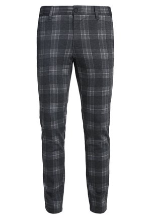 Gray plaid trousers featuring a structured fit, blend of dark and light gray colors, smooth fabric texture, and a single button closure.