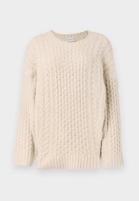 Beige gestrickter Pullover mit strukturierten Rippen- und Zopfmustern. Rundhalsausschnitt und lange Ärmel. Weiches, dickes Material mit lockerer Passform.