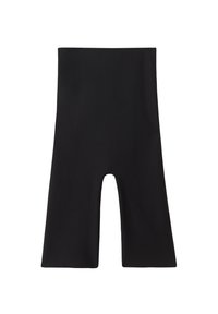 Zwarte high-waisted shorts van rekbaar materiaal, met een wijde pijpdesign en een open midden uitsparing voor ademend vermogen.