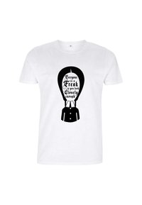 Hvid bomulds t-shirt med et stort sort grafik af en luftballon med teksten "Alle er en freak, hvis du kigger nøje nok."