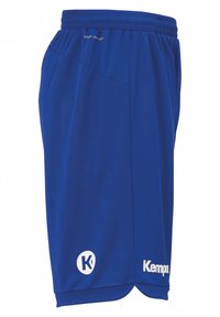 Blue athletic shorts made of lightweight material, featuring an elastic waistband, side pocket, and white branding on the lower leg.