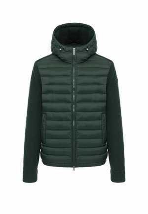 Veste à capuche vert foncé avec devant matelassé, manches tricotées, fermeture éclair complète et deux poches avant.