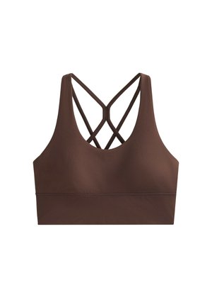 Reggiseno sportivo marrone con scollatura a girocollo e bretelle incrociate sulla schiena. Realizzato in tessuto elastico dalla trama liscia e con un design aderente.
