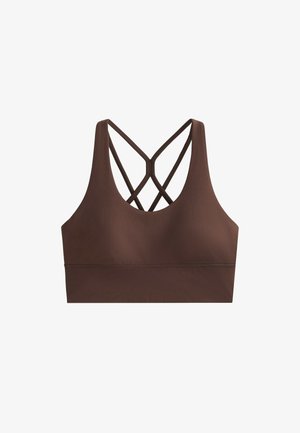 Reggiseno sportivo marrone con scollatura a girocollo e bretelle incrociate sulla schiena. Realizzato in tessuto elastico dalla trama liscia e con un design aderente.
