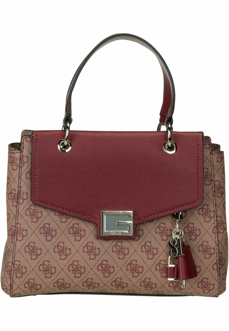Borsa marrone e bordeaux con un design strutturato, caratterizzata da un'esterno testurizzato, hardware in metallo e un ciondolo con chiavi e dettagli di lucchetto.