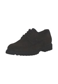 Scarpe lacciate in suede nero con punta arrotondata e suola in gomma texturizzata caratterizzata da un motivo a rilievo per la presa. Design semplice e pulito con accenti minimi.