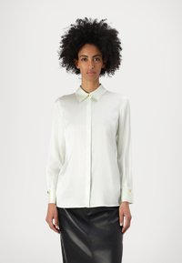 Blusa in seta verde chiaro con colletto a punta, maniche lunghe e dettagli con bottoni dorati ai polsini; texture liscia e vestibilità sartoriale.