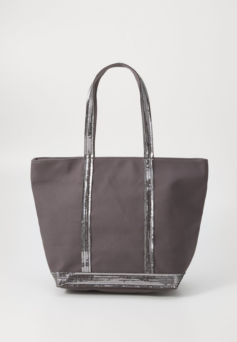 Gray fabric tote bag with shiny silver sequined accents along the handles and base. Rectangular shape with open top, sturdy design.