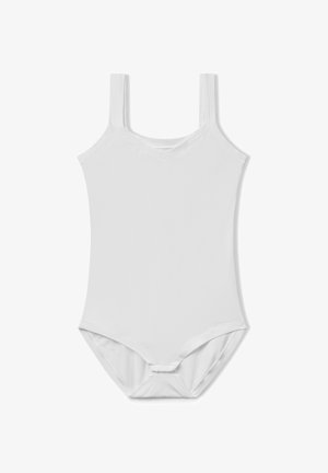 Witte mouwloze bodysuit van soepel stof. Heeft een v-halslijn en elastische bandjes. Eenvoudig ontwerp, geen aanvullende patronen of accenten.