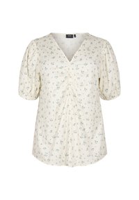 Floral blouse in cream with blue and green patterns. Features a V-neck, short puff sleeves, and gathered detail at the front. Soft fabric.