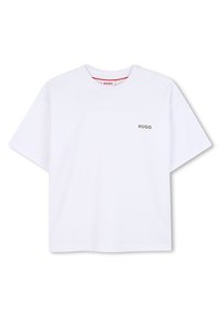Camiseta blanca de manga corta de algodón con cuello redondo. Presenta un pequeño logo gris "HUGO" en el frente. Textura suave.