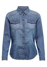 Denim skjorta med långa ärmar, knappstängning, två bröstfickor, krage och figursydda sömmar i medelblåtvätt.