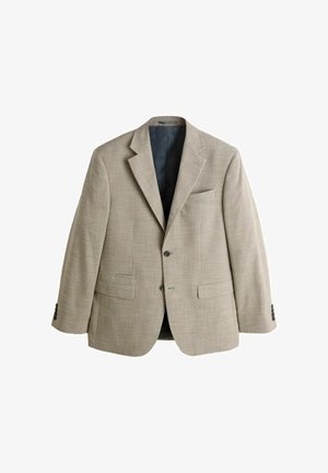 Beiger Herrenblazer mit zwei vorderen Knöpfen, geschlitzten Revers, zwei Klappentaschen und einer Brusttasche, vor weißem Hintergrund dargestellt.