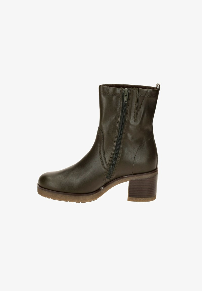 Dark green leather ankle boot with a rounded toe, side zipper, and a stacked block heel. Smooth texture with minimal stitching details.