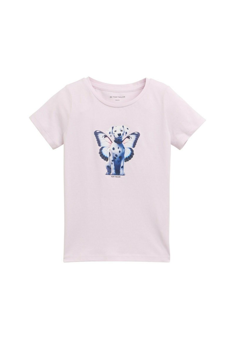 Light pink cotton T-shirt with short sleeves, featuring a graphic of a Dalmatian with butterfly wings printed on the front.