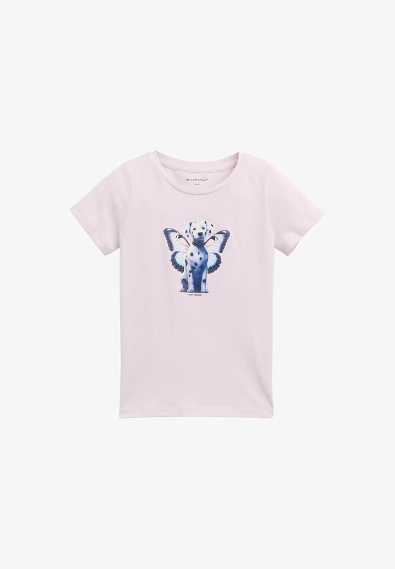 Light pink cotton T-shirt with short sleeves, featuring a graphic of a Dalmatian with butterfly wings printed on the front.