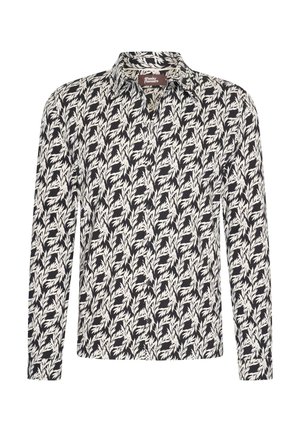 Camicia a maniche lunghe realizzata in tessuto leggero, caratterizzata da un motivo foglia nera e bianca, design con colletto e chiusura frontale a bottoni.