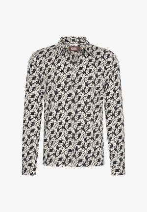 Langarmshirt van lichtgewicht stof met een zwart-wit bladerenpatroon, met kraag en een knoopsluiting aan de voorkant.