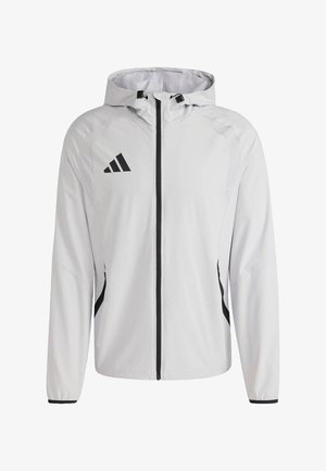 Lightweight white jacket with a hood, featuring black zipper and accents. Includes an Adidas logo on the upper left chest.