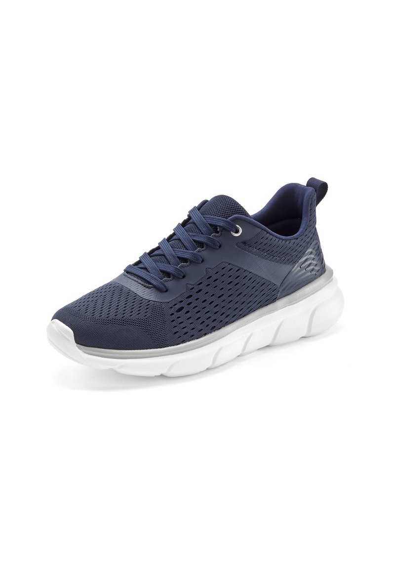 Marineblaue Sportschuhe mit einem atmungsaktiven gestrickten Obermaterial, Netzeinsätzen und einer gepolsterten weißen Sohle. Mit grauen Akzenten und sechs Ösen.